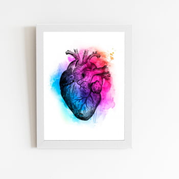 Coração Arte Colorido Abstrato Quadro Moldura Branca 60x40cm