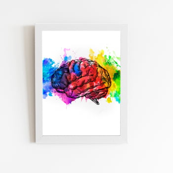 Cérebro Colorido Splash Tinta Quadro Moldura Branca 60x40cm