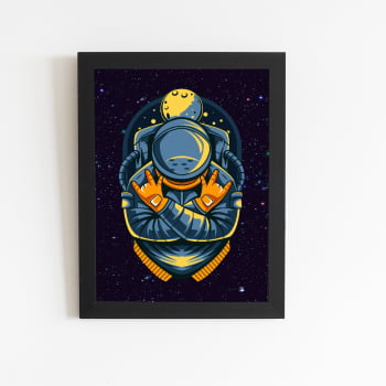 Astronauta Azul Desenho Lua Quadro Moldura Preta 60x40cm