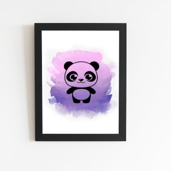 Panda Desenho Animais Roxo Quadro Moldura Preta 60x40cm
