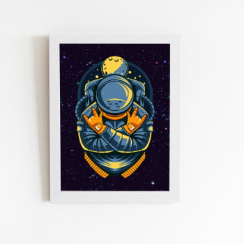 Astronauta Azul Desenho Lua Quadro Moldura Branca 60x40cm