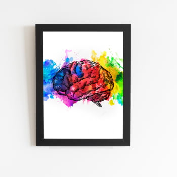 Cérebro Colorido Splash Tinta Quadro Moldura Preta 60x40cm