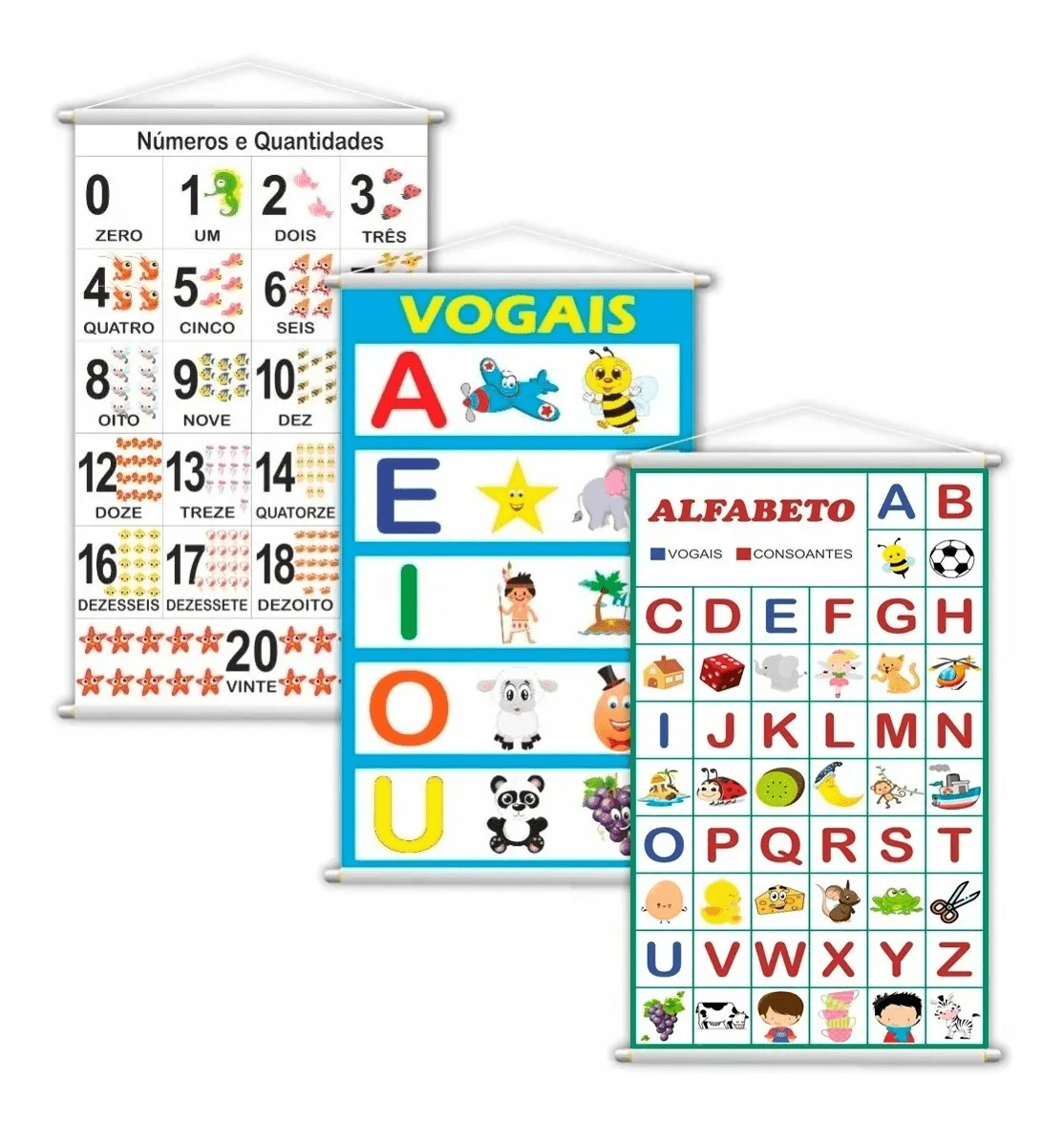 Banners Alfabeto + Numerais 0 a 20 + Vogais Ensino Escolar