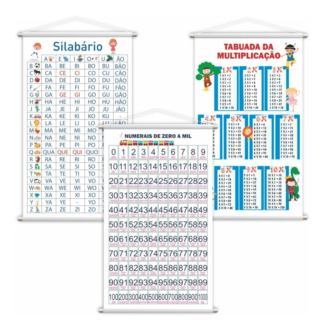 Kit 3 Banner Silabário Simples + Numerais Zero Mil + Tabuada