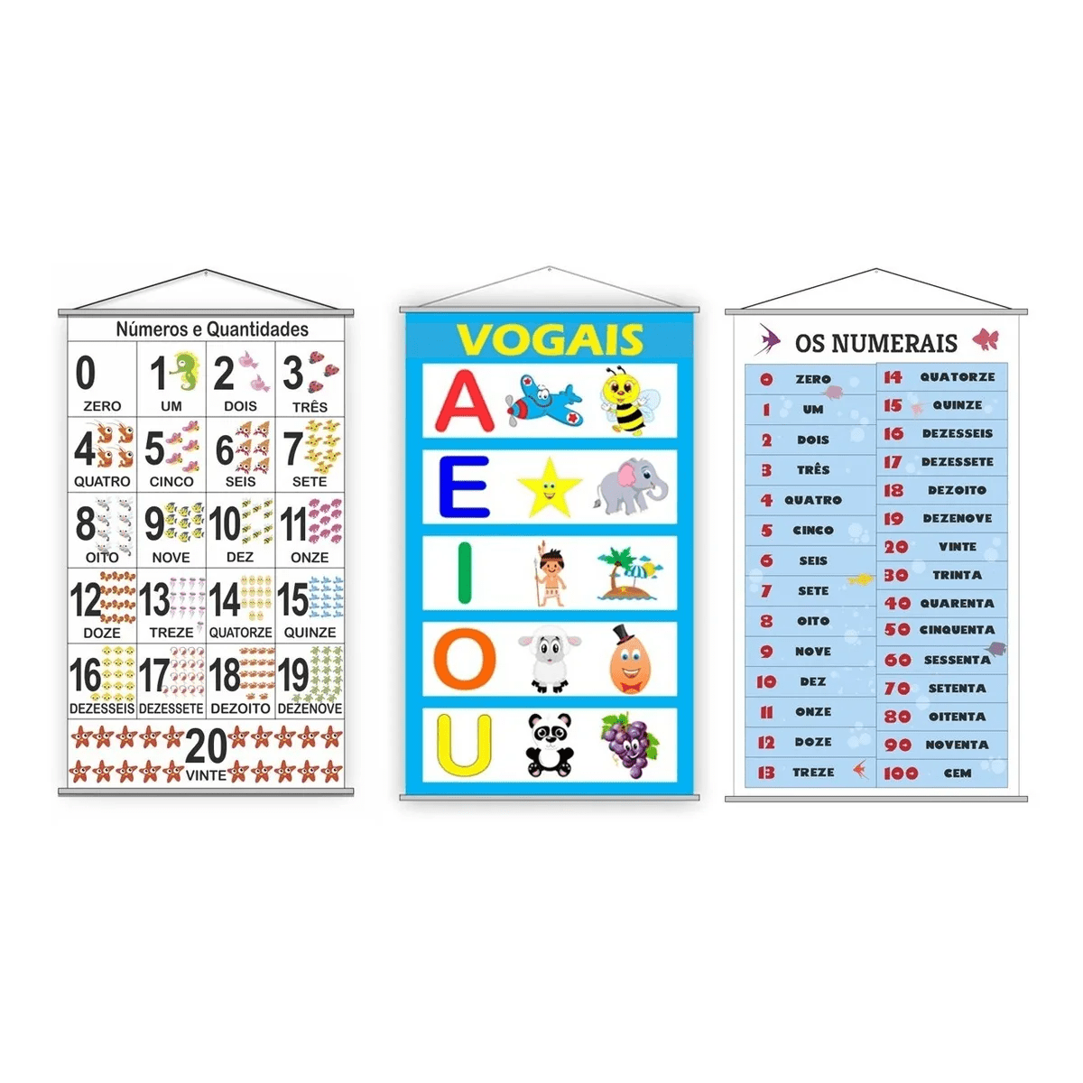 Kit 3 Banners Pedagógicos Alfabetização Vogais E Numerais