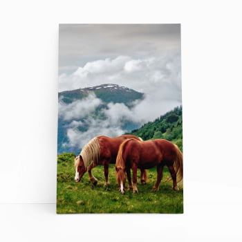 Cavalos Montanhas Nuvens Paisagem Quadro Canvas