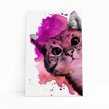 Gato Pet Animais Arte Aquarela Rosa Quadro Canvas 