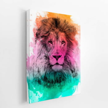 Leão Animais Arte Aquarela Colorido Quadro Canvas