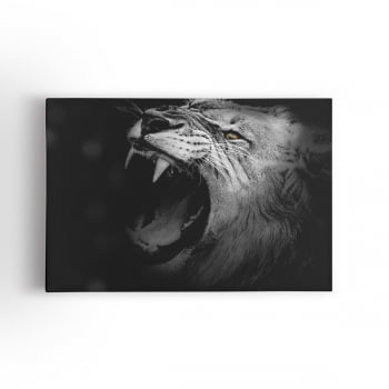 Leão Rugindo Preto e Branco Fotografia Quadro Canvas