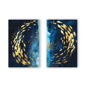 Peixes Dourados Cardume Arte Aquarela Azul Kit 2 Quadros Canvas 60x40cm