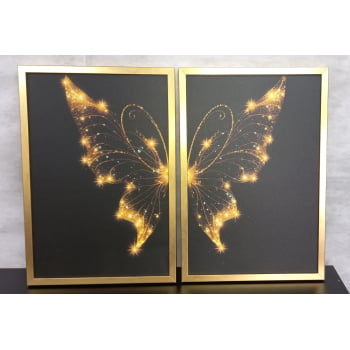Quadro Borboleta Brilhante Canvas Moldura Dourada 60x40cm