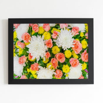 Quadro Buquê Mix de Flores Colorido Moldura Preta 60x40cm 