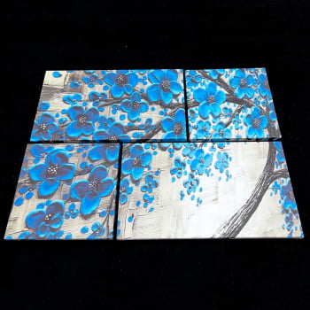 Quadro Flores Azul Abstrato Decorativo Canvas 83x62cm