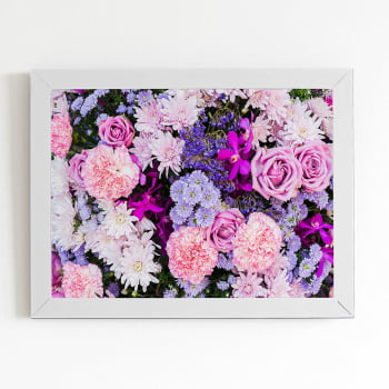 Quadro Flores em Tons de Roxo e Lilás Moldura Branca 60x40cm 