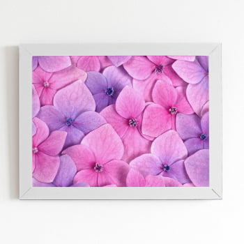 Quadro Hortênsias Roxas e Rosas Foto Moldura Branca 60x40cm