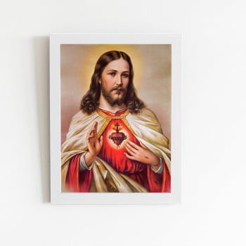 Quadro Jesus Cristo Sagrado Coração Moldura Branca 60x40cm