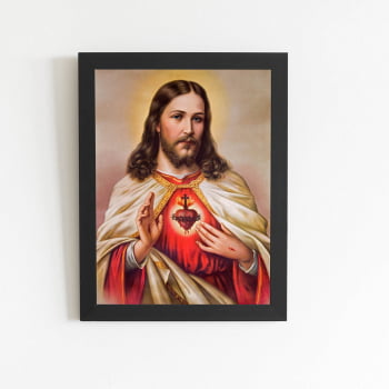 Quadro Jesus Cristo Sagrado Coração Moldura Preta 60x40cm
