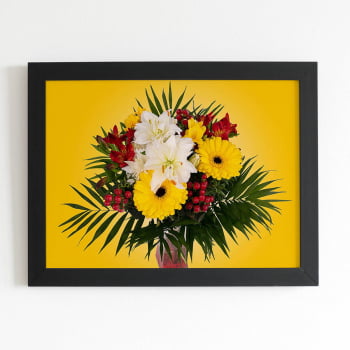 Quadro Mix de Flores Amarelo Foto Moldura Preta 60x40cm