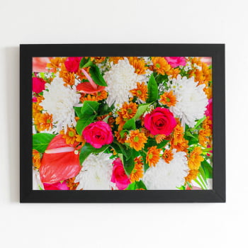 Quadro Mix de Flores Colorido Laranja Moldura Preta 60x40cm 