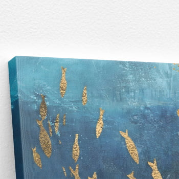 Quadro Peixes Dourados Cardume Azul Aquarela Canvas