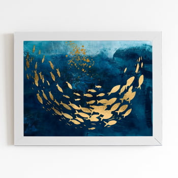 Quadro Peixes Dourados Cardume Azul Moldura Branca 60x40cm