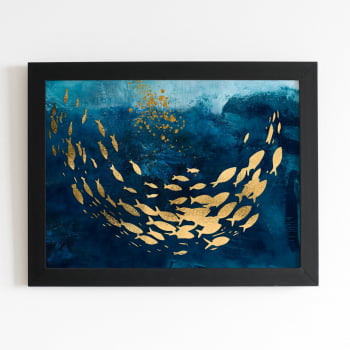 Quadro Peixes Dourados Cardume Azul Moldura Preta 60x40cm 