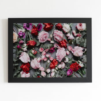 Quadro Rosas e Flores Coloridas Moldura Preta 60x40cm 