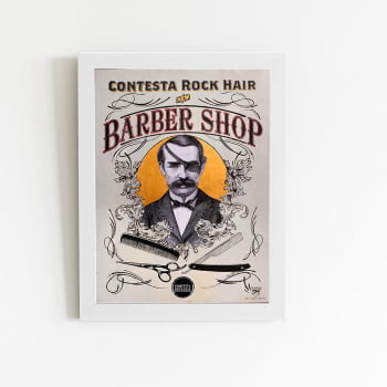 Quadro Barbearia Barber Shop Retro Moldura Branca 60x40cm