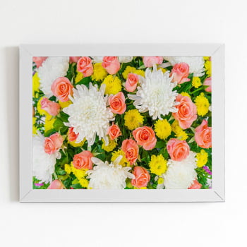 Quadro Buquê Mix de Flores Colorido Moldura Branca 60x40cm 