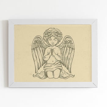 Quadro Desenho Anjo Cristianismo Moldura Branca 60x40cm 