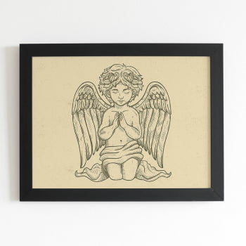 Quadro Desenho Anjo Cristianismo Moldura Preta 60x40cm 