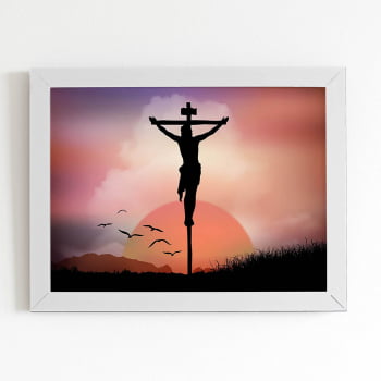 Quadro Jesus Cristo Crucificado Cruz Moldura Branca 60x40cm