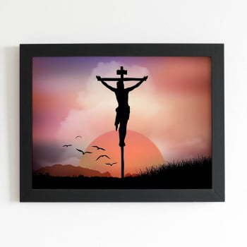 Quadro Jesus Cristo Crucificado Cruz Moldura Preta 60x40cm 