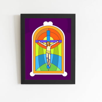 Quadro Jesus Cristo Crucificado Vitral Moldura Preta 60x40cm