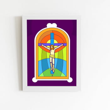 Quadro Jesus Cristo Cruz Vitral Moldura Branca 60x40cm 