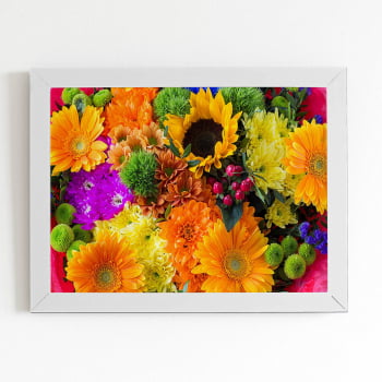 Quadro Mix Colorido de Flores Foto Moldura Branca 60x40cm 