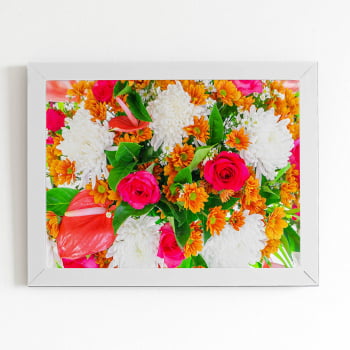 Quadro Mix de Flores Colorido Laranja Moldura Branca 60x40cm