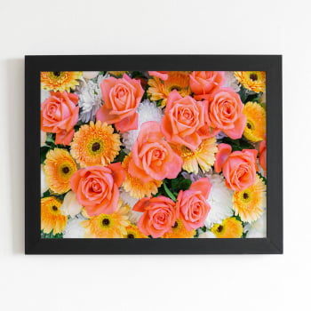 Quadro Mix de Flores Laranja Colorido Moldura Preta 60x40cm