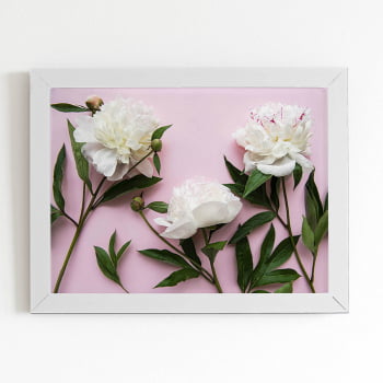 Quadro Peônia Branca Flores Rosa Moldura Branca 60x40cm
