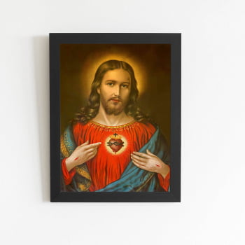 Quadro Sagrado Coração de Jesus Moldura Preta 60x40cm 
