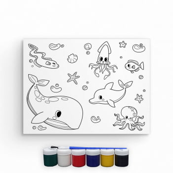 Tela Para Pintura Infantil Colorir Pintar Canvas Animais Marinhos com Tinta e Pincel