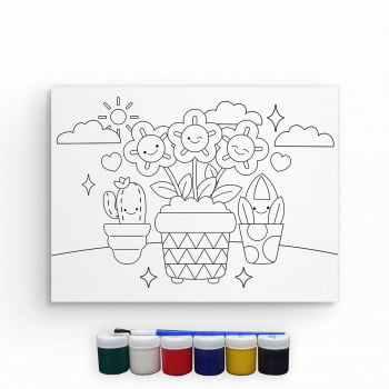Tela Para Pintura Infantil Colorir Pintar Canvas Flores com Tinta e Pincel