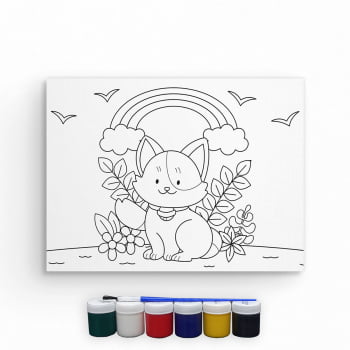 Tela Para Pintura Infantil Colorir Pintar Canvas Gato com Tinta e Pincel