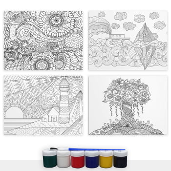Tela Para Pintura Infantil Colorir Pintar Canvas Kit 4 Unidades Complexos com Tinta e Pincel