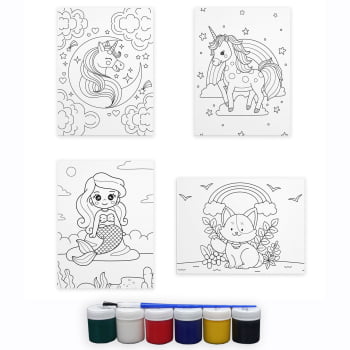 Tela Para Pintura Infantil Colorir Pintar Canvas Kit 4 Unidades Menina com Tinta e Pincel