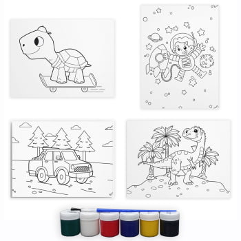 Tela Para Pintura Infantil Colorir Pintar Canvas Kit 4 Unidades Menino com Tinta e Pincel