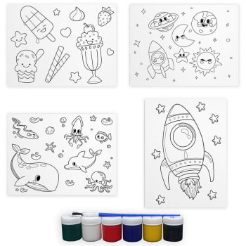 Tela Para Pintura Infantil Colorir Pintar Canvas Kit 4 Unidades Variados com Tinta e Pincel