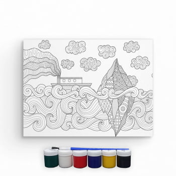 Tela Para Pintura Infantil Colorir Pintar Canvas Navio com Tinta e Pincel