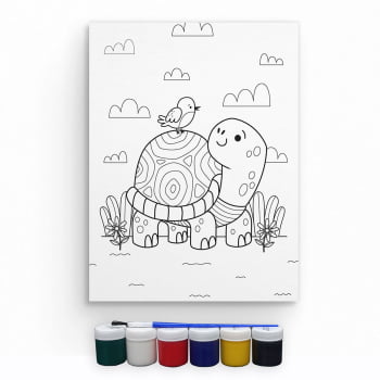 Tela Para Pintura Infantil Colorir Pintar Canvas Tartaruga com Tinta e Pincel