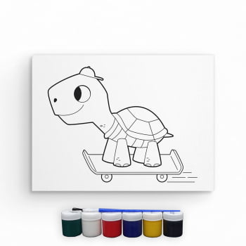 Tela Para Pintura Infantil Colorir Pintar Canvas Tartaruga de Skate com Tinta e Pincel